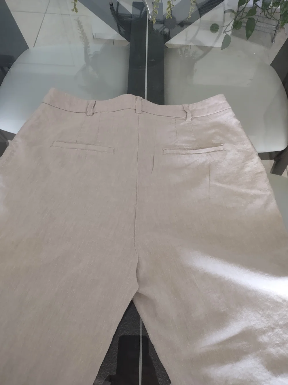 Light Beige Linen-Look High Waist Trousers